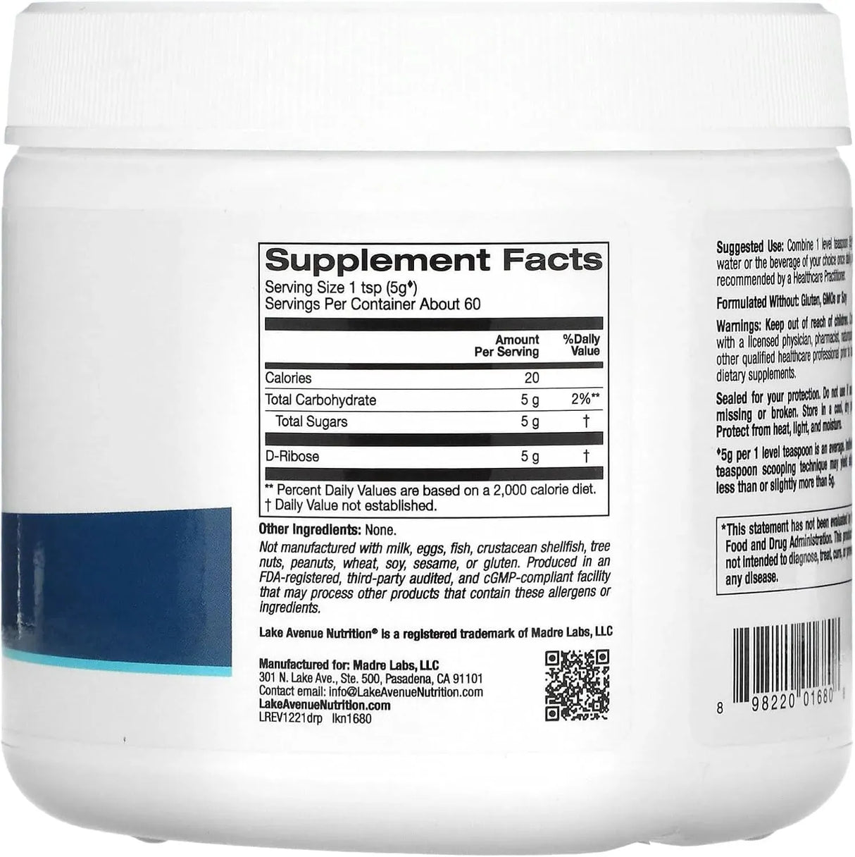 LAKE AVENUE - Lake Avenue D-Ribose Powder 300Gr. - The Red Vitamin MX - Suplementos Alimenticios - {{ shop.shopifyCountryName }}