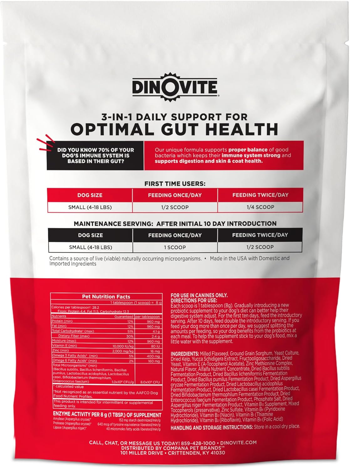 Dinovite 3 in 1 Probiotic for Small Dogs 30 Servicios 272Gr.