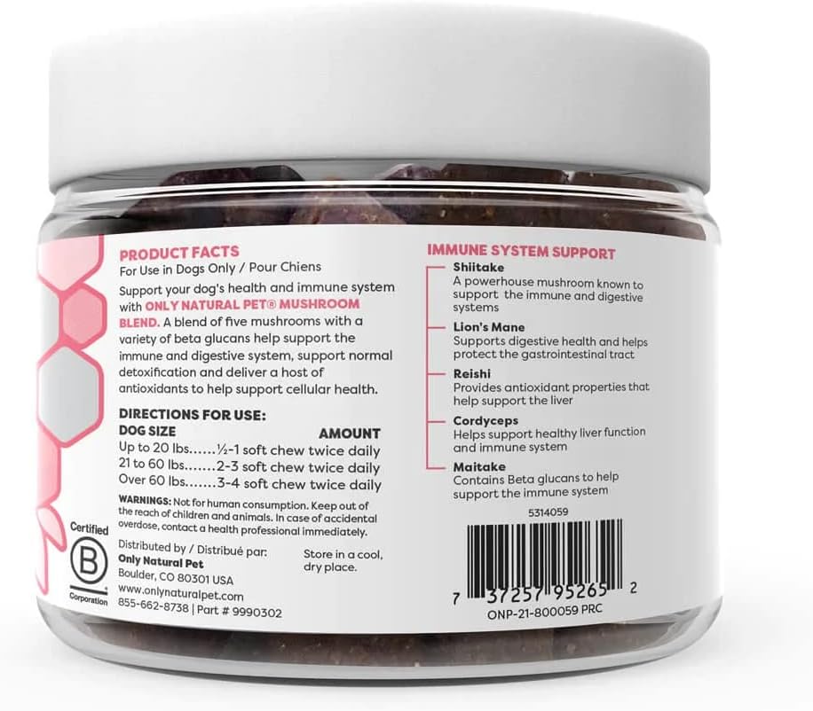 ONLY NATURAL PET - Only Natural Pet Mushroom Blend Immune System Support Supplement for Dogs 60 Masticables - The Red Vitamin MX - Suplementos Herbales Para Perros - {{ shop.shopifyCountryName }}