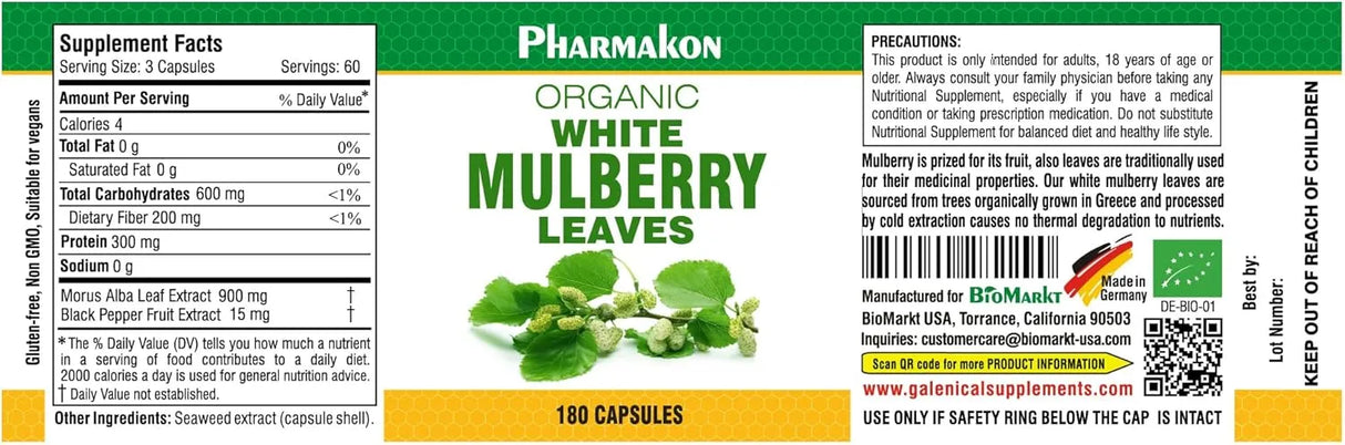 PHARMAKON - PHARMAKON Organic White Mulberry Leaf 180 Capsulas - The Red Vitamin MX - Suplementos Alimenticios - {{ shop.shopifyCountryName }}