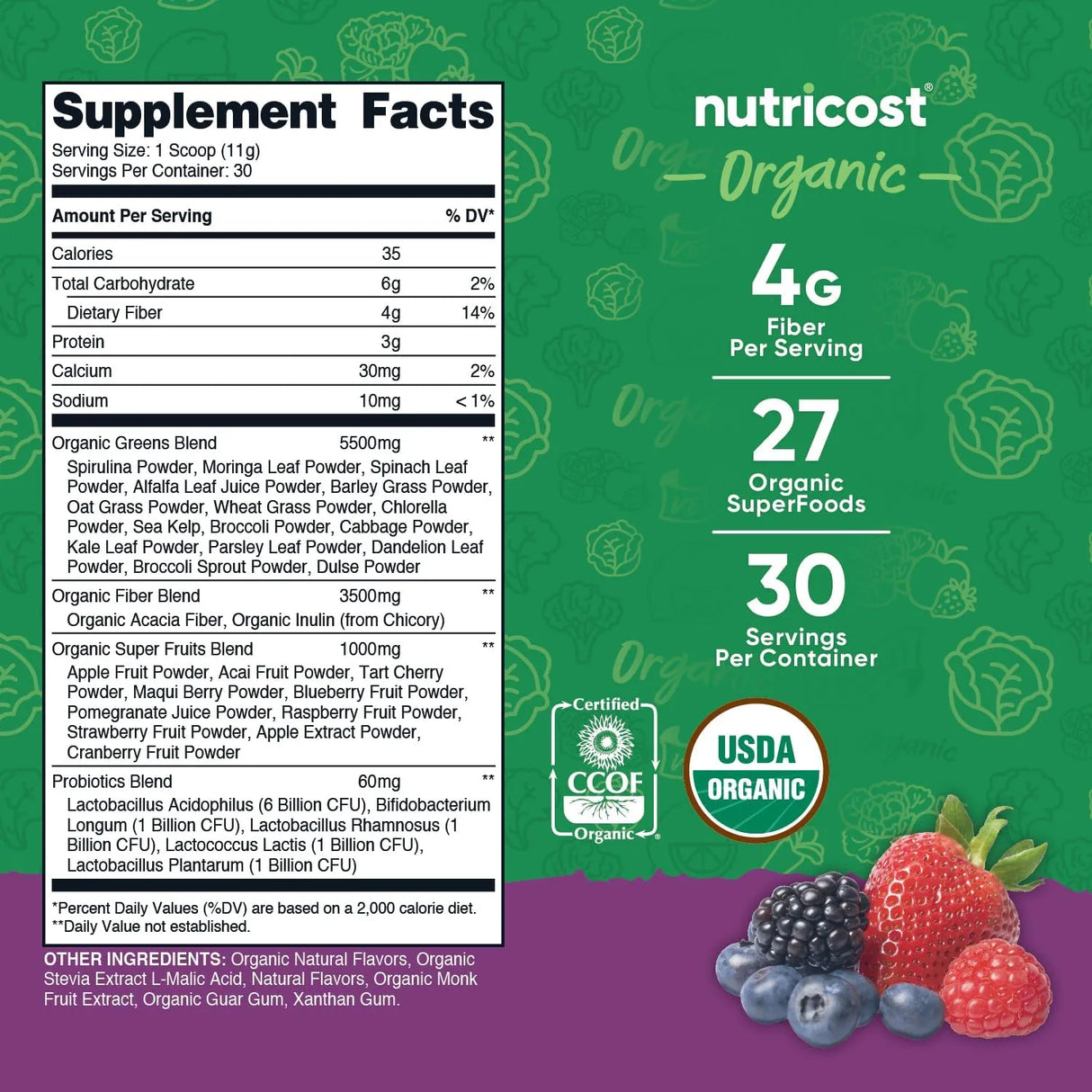 NUTRICOST - Nutricost Organic Super Greens Powder 30 Servicios Mixed Berry Flavor 330Gr. - The Red Vitamin MX - Suplementos Alimenticios - {{ shop.shopifyCountryName }}