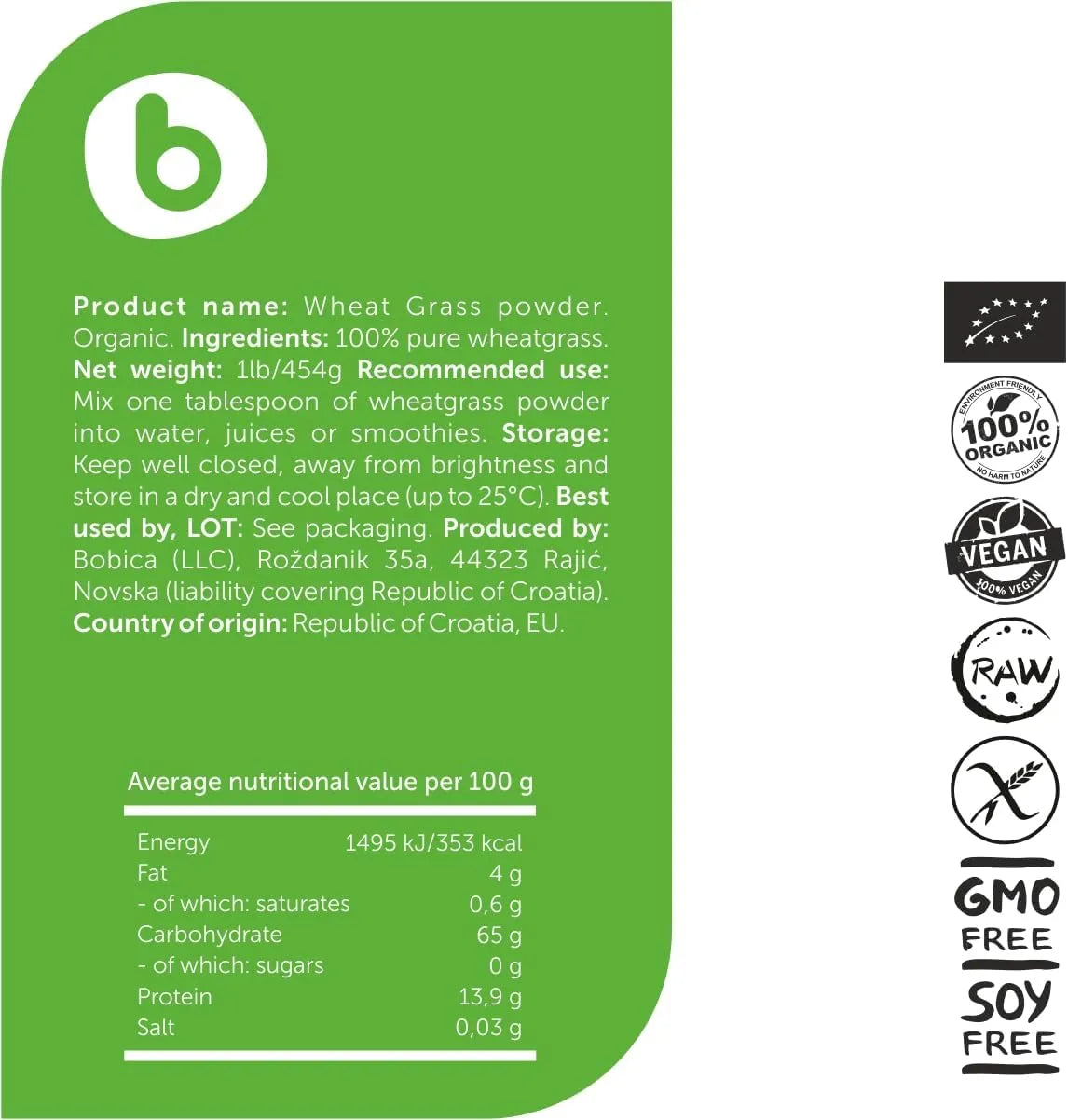 BOBICA - b Organic Wheatgrass Powder 454Gr. - The Red Vitamin MX - Suplementos Alimenticios - {{ shop.shopifyCountryName }}