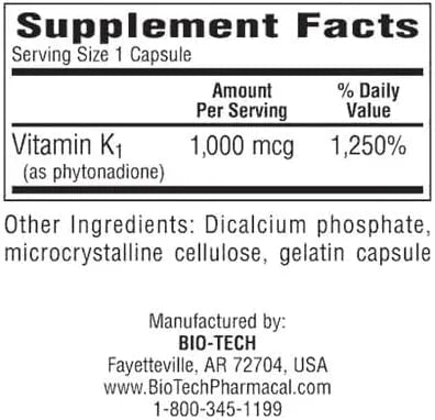 BIO-TECH PHARMACAL - Bio-Tech K1-1000 100 Capsulas - The Red Vitamin MX - Suplementos Alimenticios - {{ shop.shopifyCountryName }}