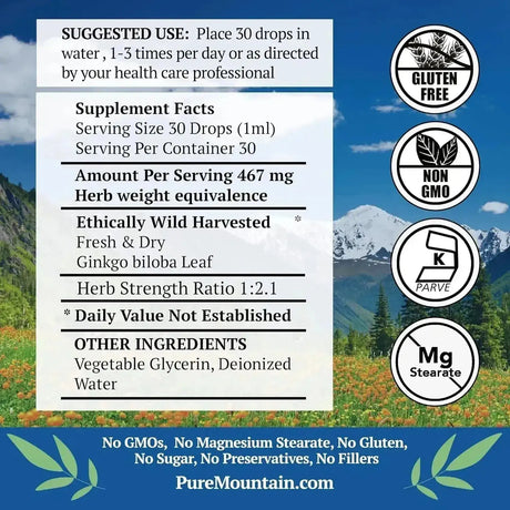 PURE MOUNTAIN BOTANICALS - Pure Mountain Botanicals Ginkgo Biloba Liquid Extract Drops 30Ml. - The Red Vitamin MX - Suplementos Alimenticios - {{ shop.shopifyCountryName }}