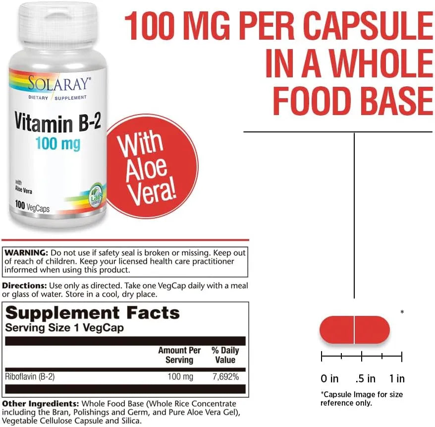 SOLARAY - Solaray Vitamin B-2 Riboflavin 100Mg. 100 Capsulas - The Red Vitamin MX - Suplementos Alimenticios - {{ shop.shopifyCountryName }}