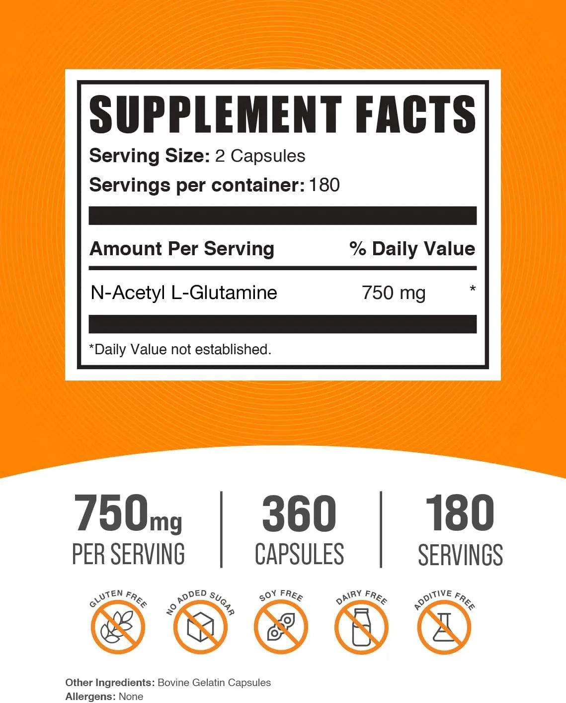 BULK SUPPLEMENTS - Bulk Supplements N-Acetyl L-Glutamine 750Mg. 360 Capsulas - The Red Vitamin MX - Suplementos Alimenticios - {{ shop.shopifyCountryName }}