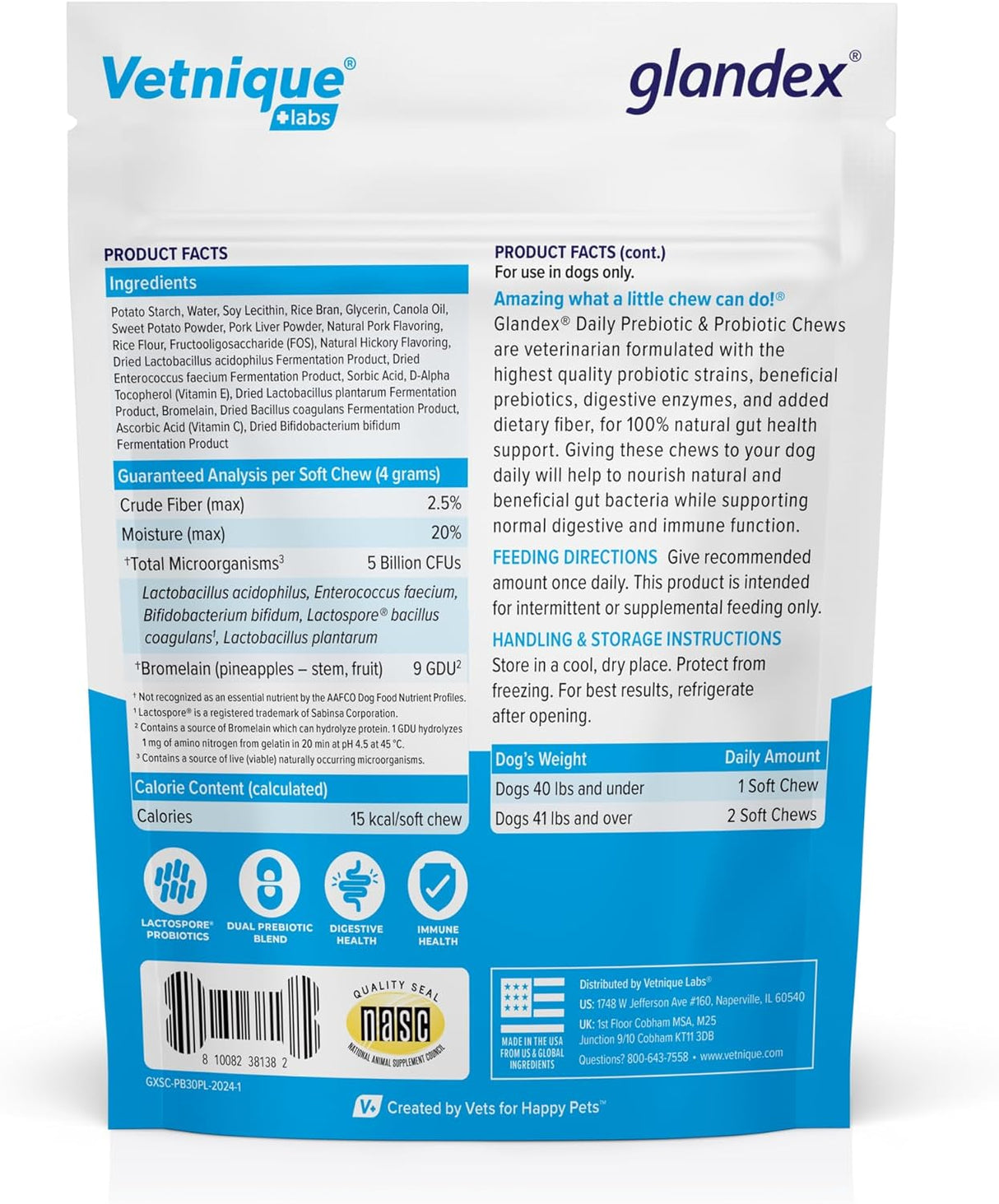 Vetnique Glandex Daily Probiotics for Dogs 30 Masticables