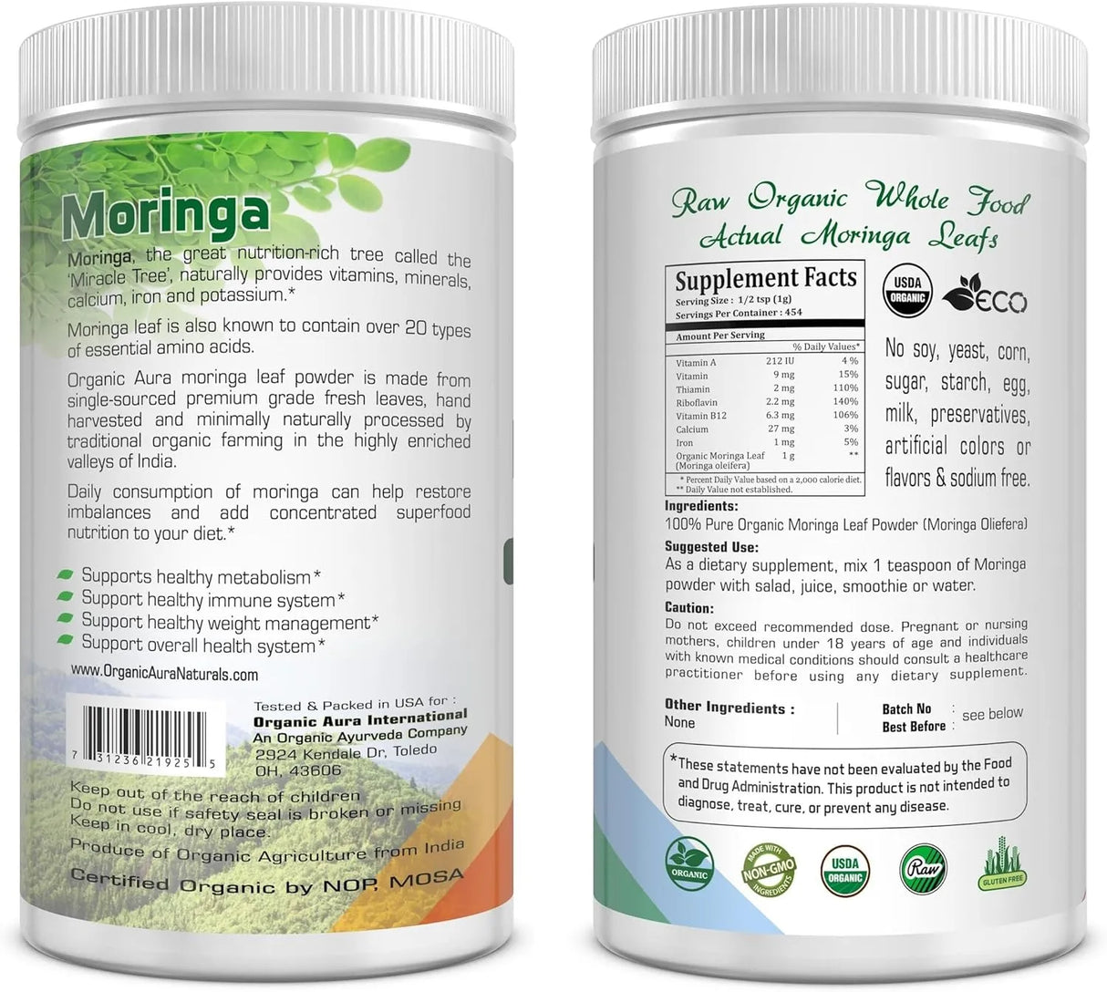 ORGANIC AURA - Organic Aura Certified Organic Moringa Leaf Powder 1 Lb. - The Red Vitamin MX - Suplementos Alimenticios - {{ shop.shopifyCountryName }}