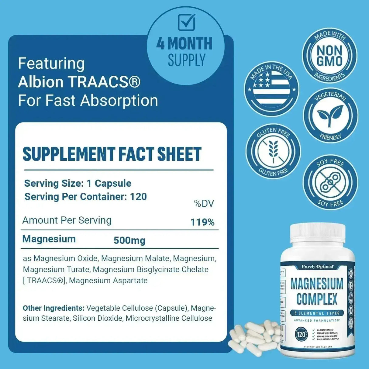 PURELY OPTIMAL - Purely Optimal Magnesium Complex 500Mg. 120 Capsulas - The Red Vitamin MX - Suplementos Alimenticios - {{ shop.shopifyCountryName }}