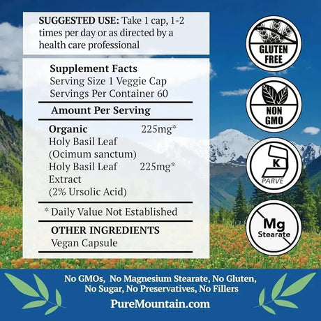 PURE MOUNTAIN BOTANICALS - Pure Mountain Botanicals Holy Basil 60 Capsulas - The Red Vitamin MX - Suplementos Alimenticios - {{ shop.shopifyCountryName }}