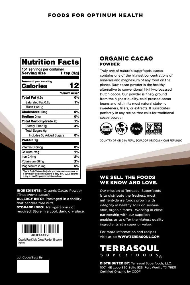 TERRASOUL SUPERFOODS - Terrasoul Superfoods Raw Organic Cacao Powder 454Gr. - The Red Vitamin MX - Suplementos Alimenticios - {{ shop.shopifyCountryName }}