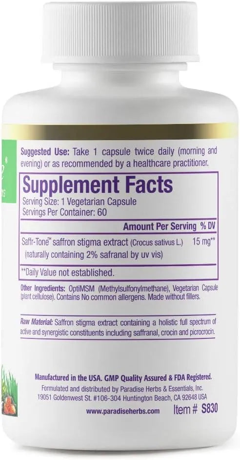 PARADISE HERBS - Paradise Herbs Saffr-Tone Saffron Extract 60 Capsulas - The Red Vitamin MX - Suplementos Alimenticios - {{ shop.shopifyCountryName }}