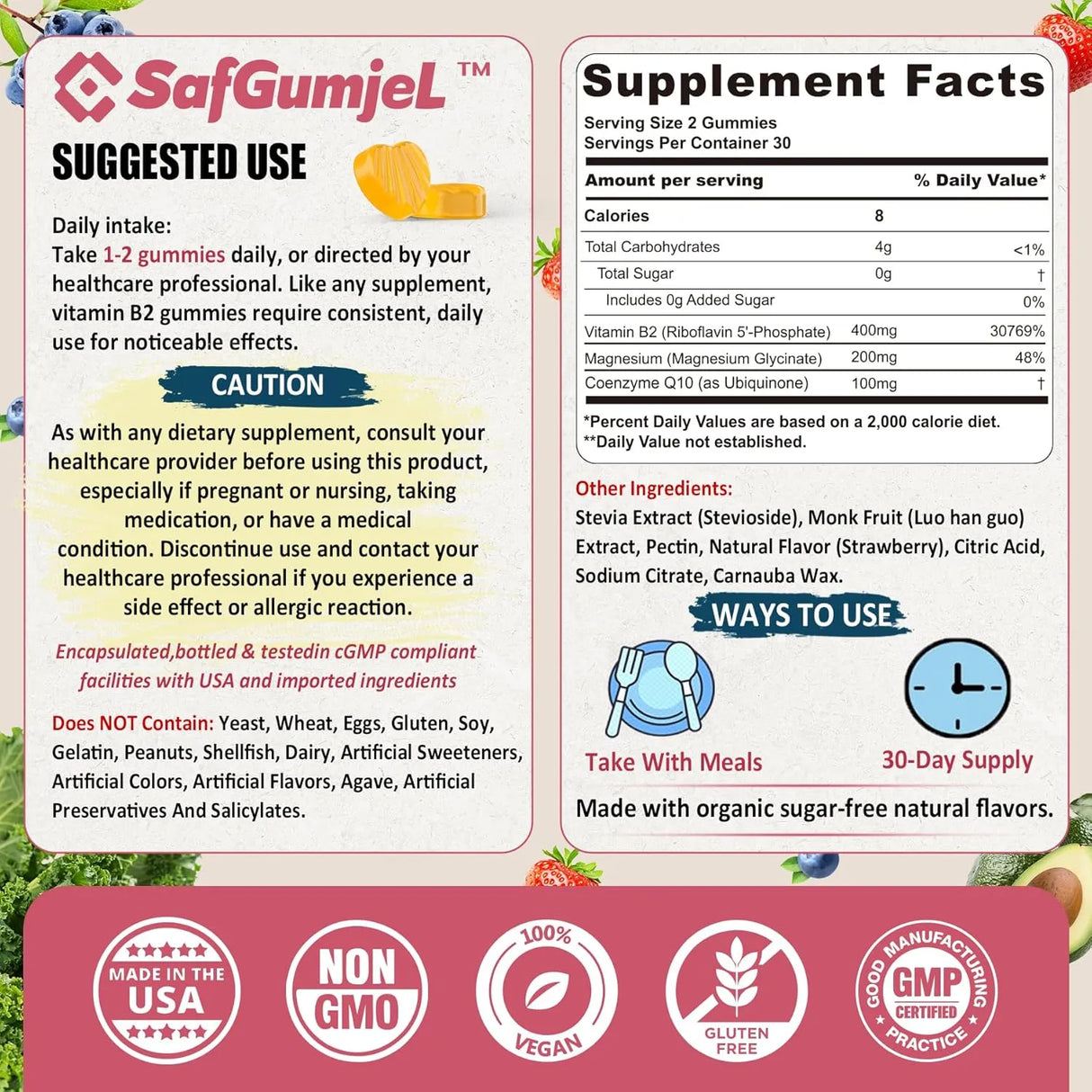 SAFGUMJEL - Safgumjel Bioactive Form Vitamin B2 Riboflavin 400Mg. 60 Gomitas - The Red Vitamin MX - Suplementos Alimenticios - {{ shop.shopifyCountryName }}