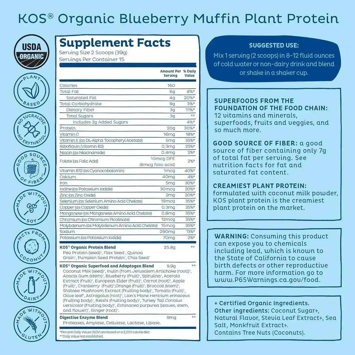 KOS - KOS Organic Plant Based Protein Powder Blueberry Muffin 15 Servicios 585Gr. - The Red Vitamin MX - Suplementos Alimenticios - {{ shop.shopifyCountryName }}