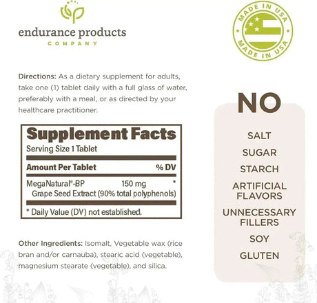 ENDURANCE PRODUCTS - Endurance Products MegaNatural BP Grape Seed Extract 150Mg. 60 Tabletas - The Red Vitamin MX - Suplementos Alimenticios - {{ shop.shopifyCountryName }}