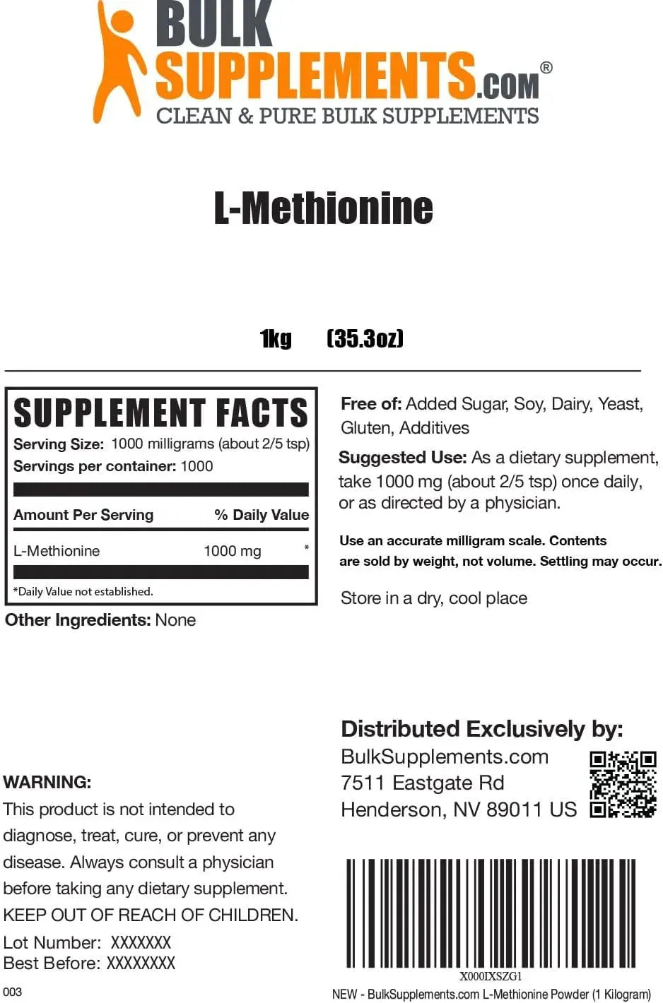 BULK SUPPLEMENTS - Bulk Supplements L-Methionine Powder 1 Kg. - The Red Vitamin MX - Suplementos Alimenticios - {{ shop.shopifyCountryName }}
