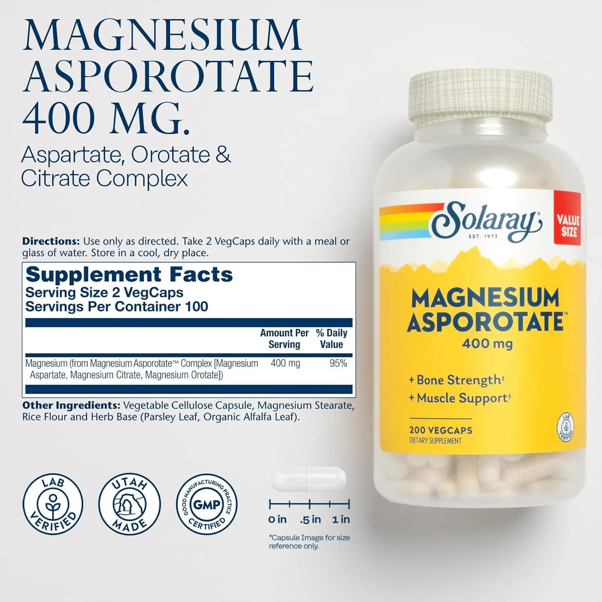 SOLARAY - Solaray Magnesium Asporotate 400Mg. 200 Capsulas - The Red Vitamin MX - Suplementos Alimenticios - {{ shop.shopifyCountryName }}