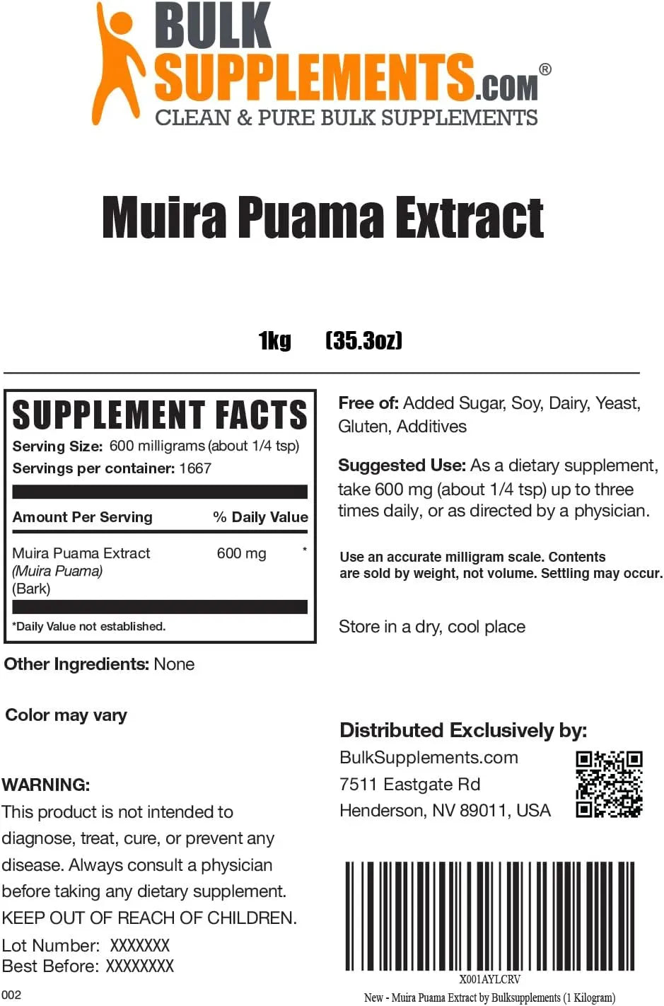 BULK SUPPLEMENTS - Bulk Supplements Muira Puama Extract Powder 1 Kg. - The Red Vitamin MX - Suplementos Alimenticios - {{ shop.shopifyCountryName }}
