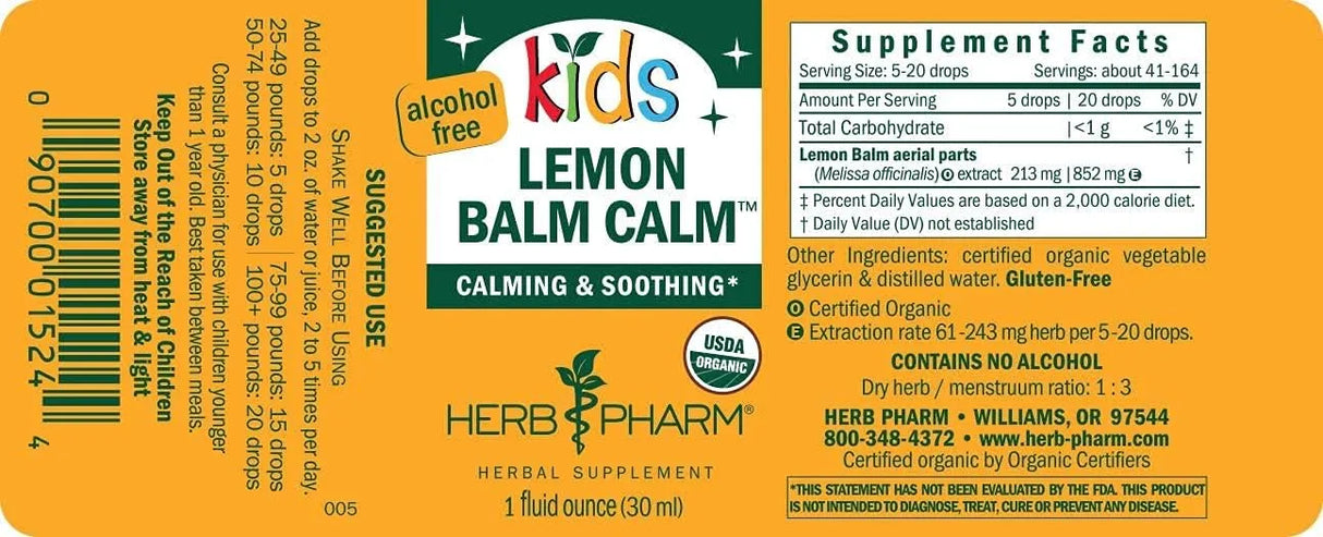 HERB PHARM - Herb Pharm Kids Certified-Organic Lemon Balm Calm Liquid Extract 30Ml. - The Red Vitamin MX - Suplementos Alimenticios - {{ shop.shopifyCountryName }}