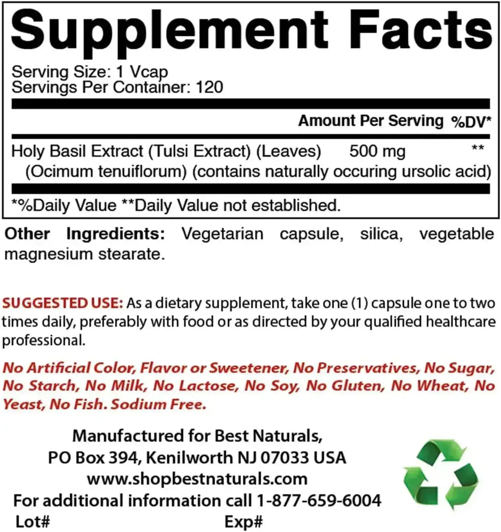 BEST NATURALS - Best Naturals Holy Basil 500Mg. 120 Capsulas - The Red Vitamin MX - Suplementos Alimenticios - {{ shop.shopifyCountryName }}