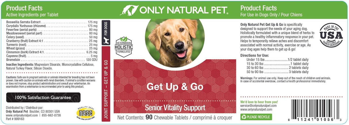 Only Natural Pet Get Up & Go Herbal Joint Support Supplement for Dogs 90 Tabletas Masticables