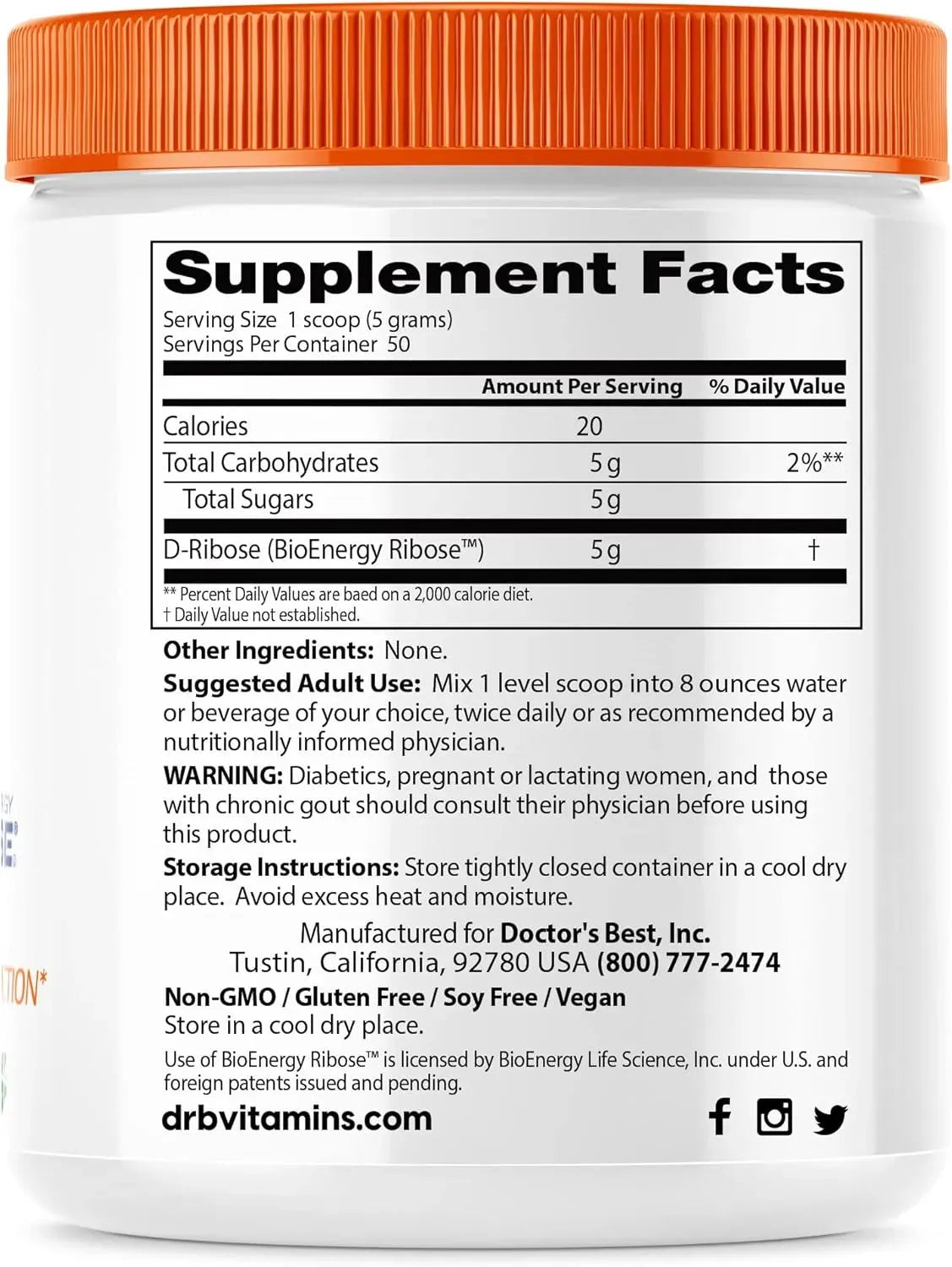 DOCTOR'S BEST - Doctor's Best D-Ribose with Bioenergy Ribose 250Gr. - The Red Vitamin MX - Suplementos Alimenticios - {{ shop.shopifyCountryName }}