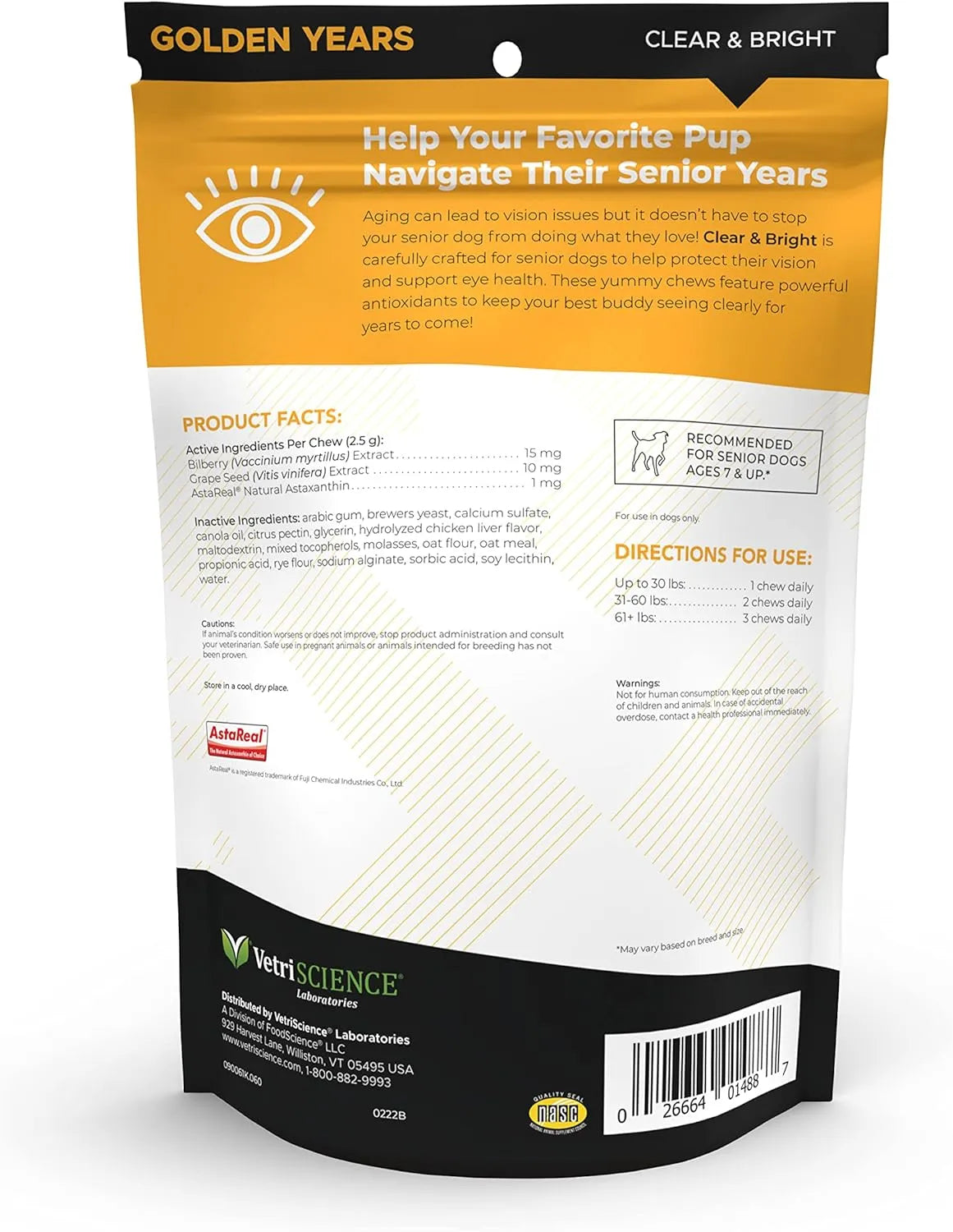VETRISCIENCE - VetriScience Golden Years Clear and Bright Vision Support for Senior Dogs Chicken Flavor 60 Masticables - The Red Vitamin MX - Cuidado De Los Ojos De Los Perros - {{ shop.shopifyCountryName }}