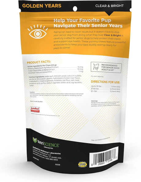 VETRISCIENCE - VetriScience Golden Years Clear and Bright Vision Support for Senior Dogs Chicken Flavor 60 Masticables - The Red Vitamin MX - Cuidado De Los Ojos De Los Perros - {{ shop.shopifyCountryName }}