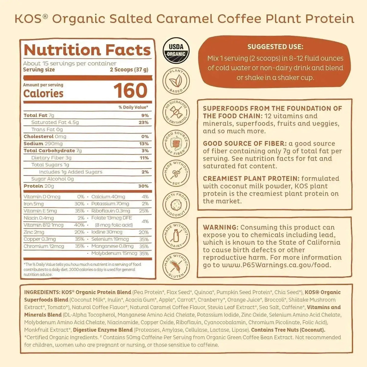 KOS - KOS Organic Plant Based Protein Powder Salted Caramel Coffee 15 Servicios 585Gr. - The Red Vitamin MX - Suplementos Alimenticios - {{ shop.shopifyCountryName }}