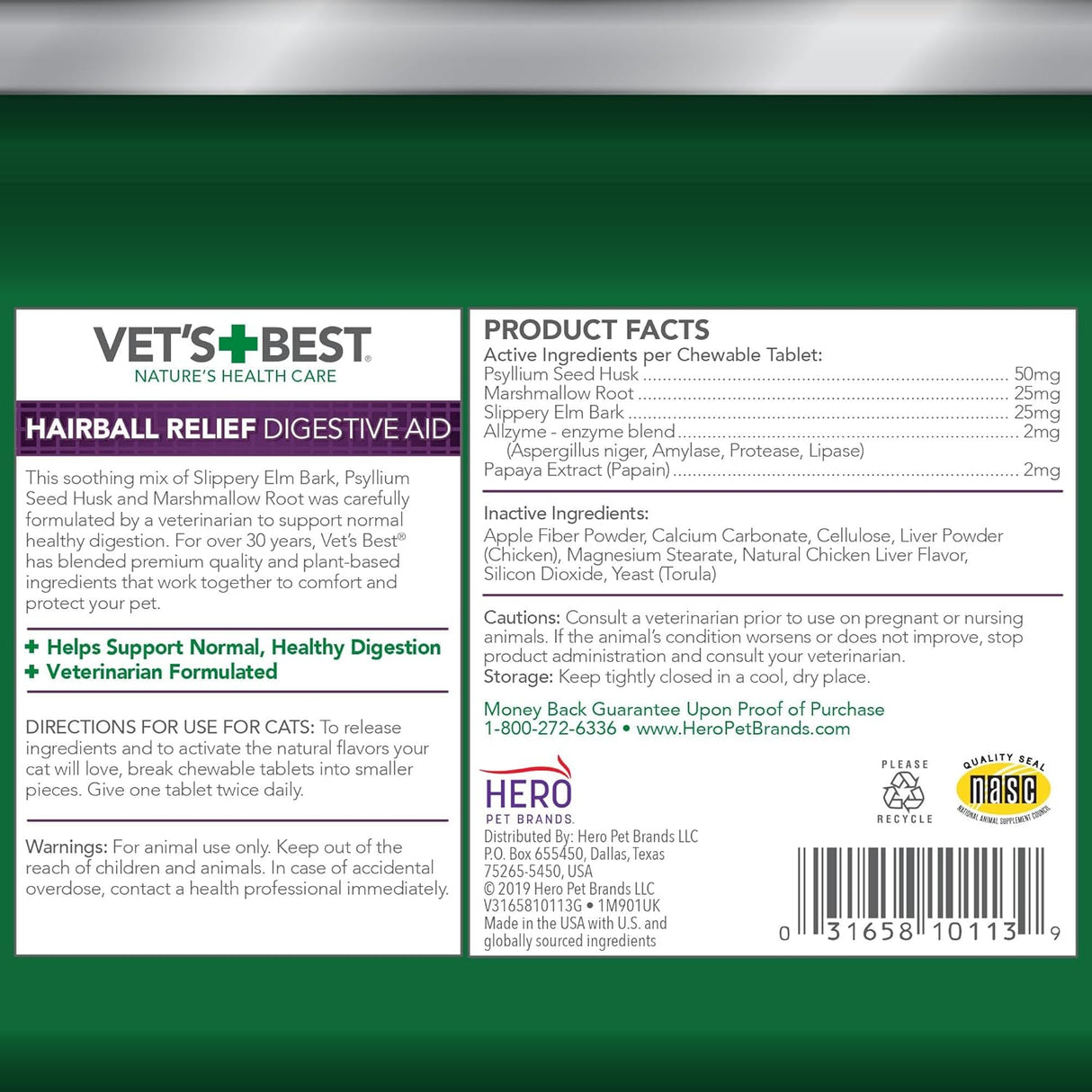 Vet’s Best Cat Hairball Relief Digestive Aid 180 Tabletas Masticables