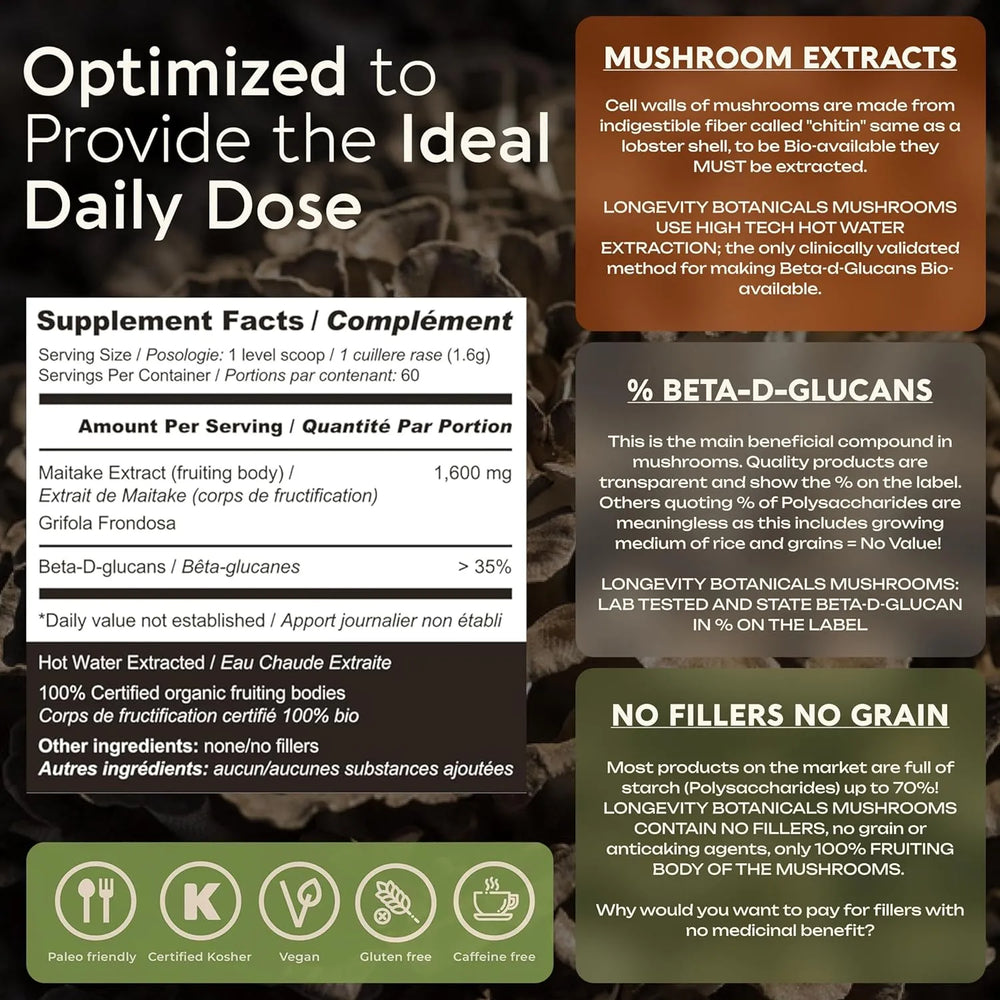 LONGEVITY BOTANICALS - Longevity Botanicals Organic Maitake Mushroom Extract Powder 100Gr. - The Red Vitamin MX - Suplementos Alimenticios - {{ shop.shopifyCountryName }}