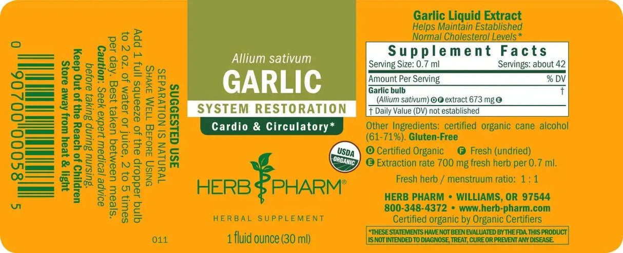 HERB PHARM - Herb Pharm Certified Organic Garlic Liquid Extract 30Ml. - The Red Vitamin MX - Suplementos Alimenticios - {{ shop.shopifyCountryName }}