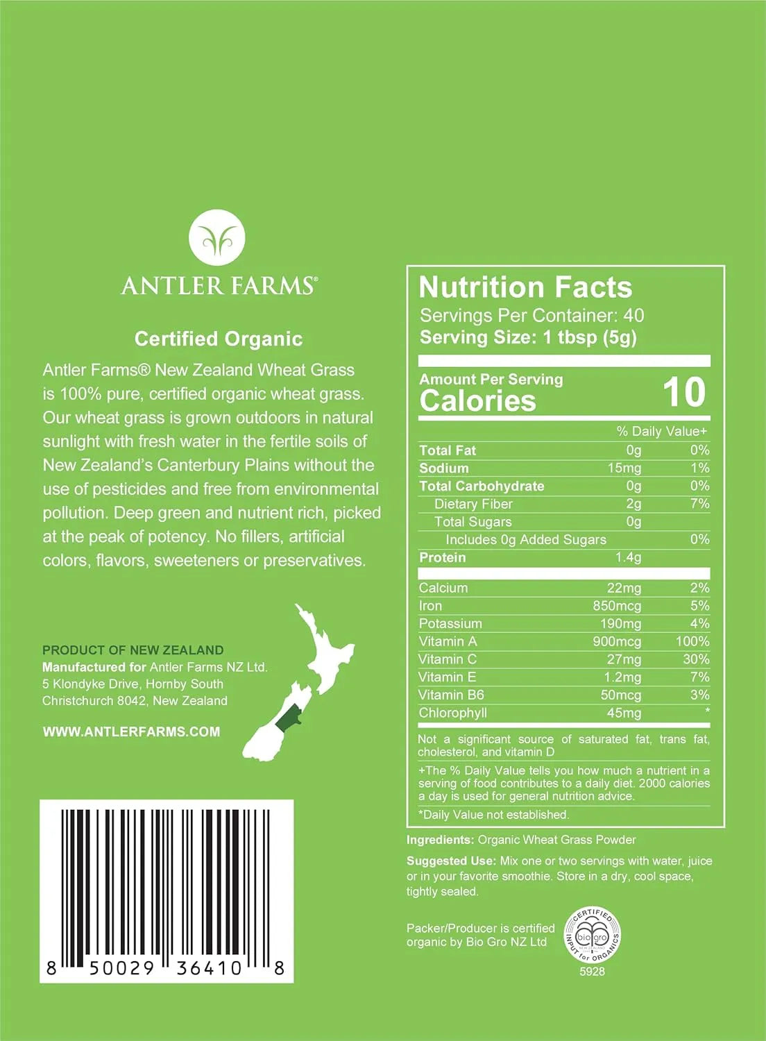 ANTLER FARMS - Antler Farms 100% Pure Organic New Zealand Wheatgrass Powder 40 Servicios 200Gr. - The Red Vitamin MX - Suplementos Alimenticios - {{ shop.shopifyCountryName }}