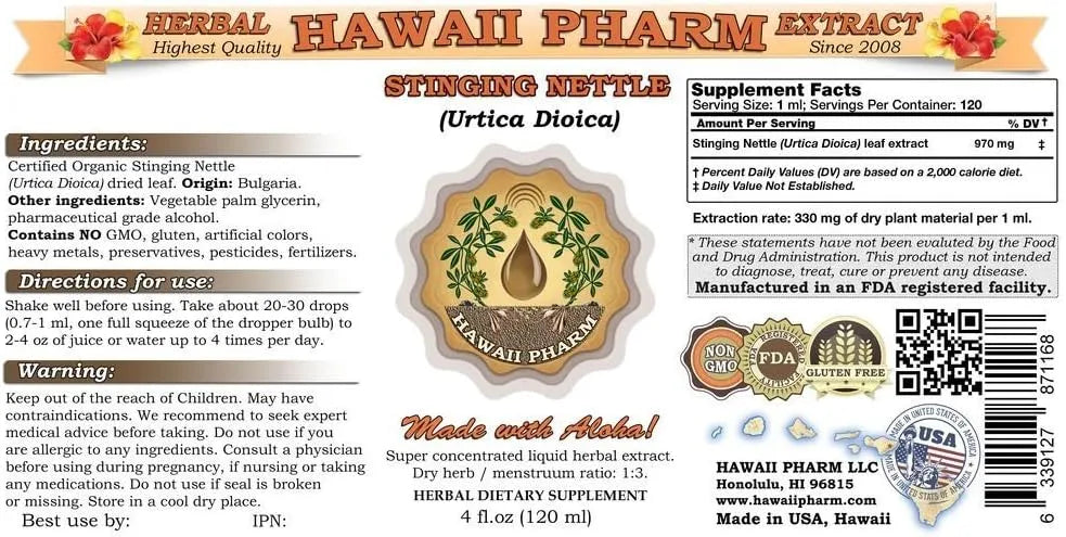 HAWAIIPHARM - Hawaii Pharm Stinging Nettle Alcohol-Free Liquid Extract 4 Fl.Oz. - The Red Vitamin MX - Suplementos Alimenticios - {{ shop.shopifyCountryName }}