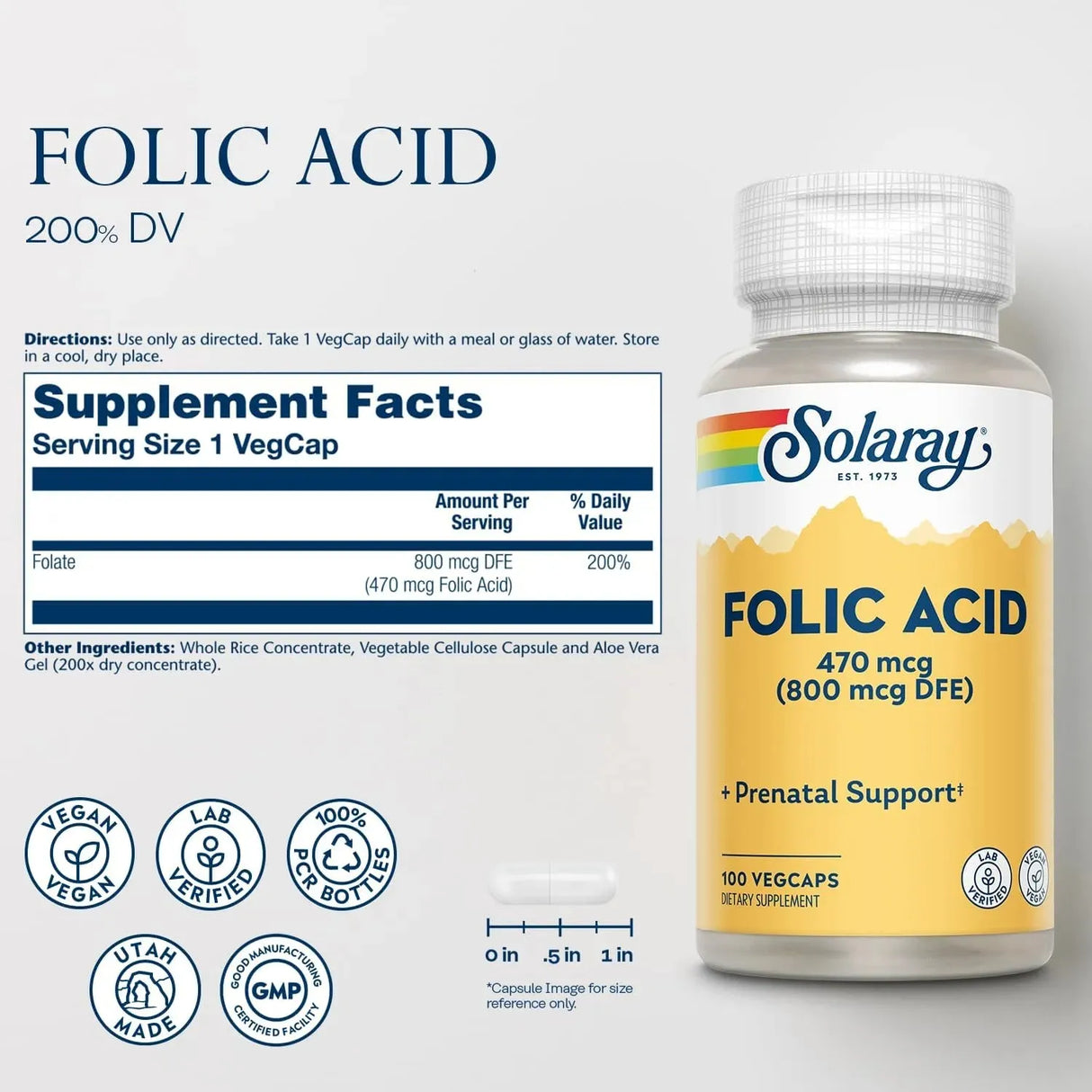 SOLARAY - Solaray Folic Acid 470mcg 100 Capsulas - The Red Vitamin MX - Suplementos Alimenticios - {{ shop.shopifyCountryName }}