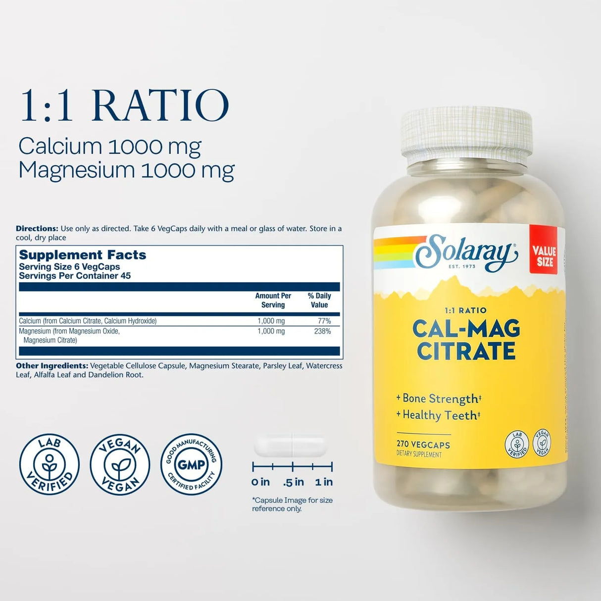SOLARAY - Solaray Calcium Magnesium Citrate 1:1 Ratio 270 Capsulas - The Red Vitamin MX - Suplementos Alimenticios - {{ shop.shopifyCountryName }}