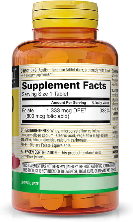 MASON NATURAL - MASON NATURAL Folic Acid 800mcg 100 Tabletas 3 Pack - The Red Vitamin MX - Suplementos Alimenticios - {{ shop.shopifyCountryName }}