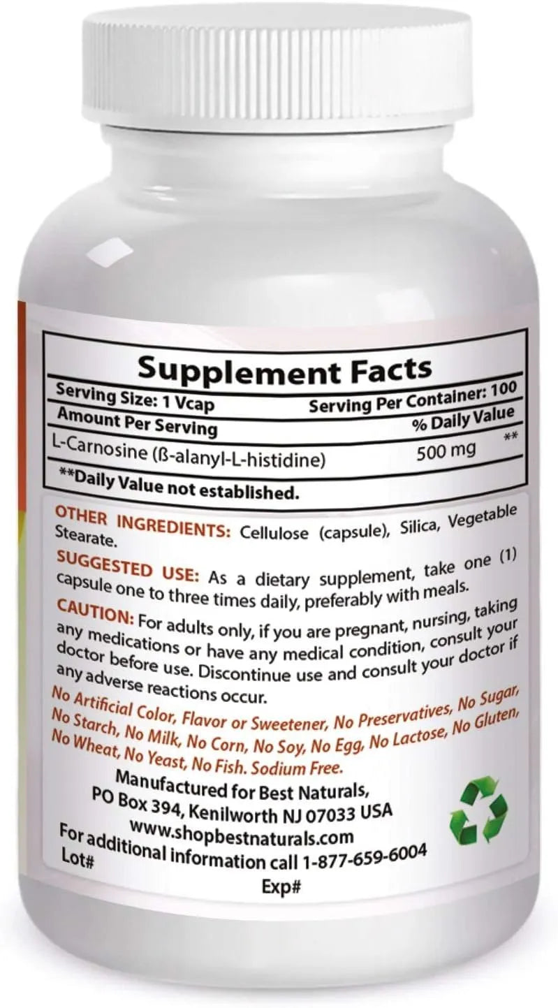 BEST NATURALS - Best Naturals L-Carnosine 500Mg. 60 Capsulas - The Red Vitamin MX - Suplementos Alimenticios - {{ shop.shopifyCountryName }}