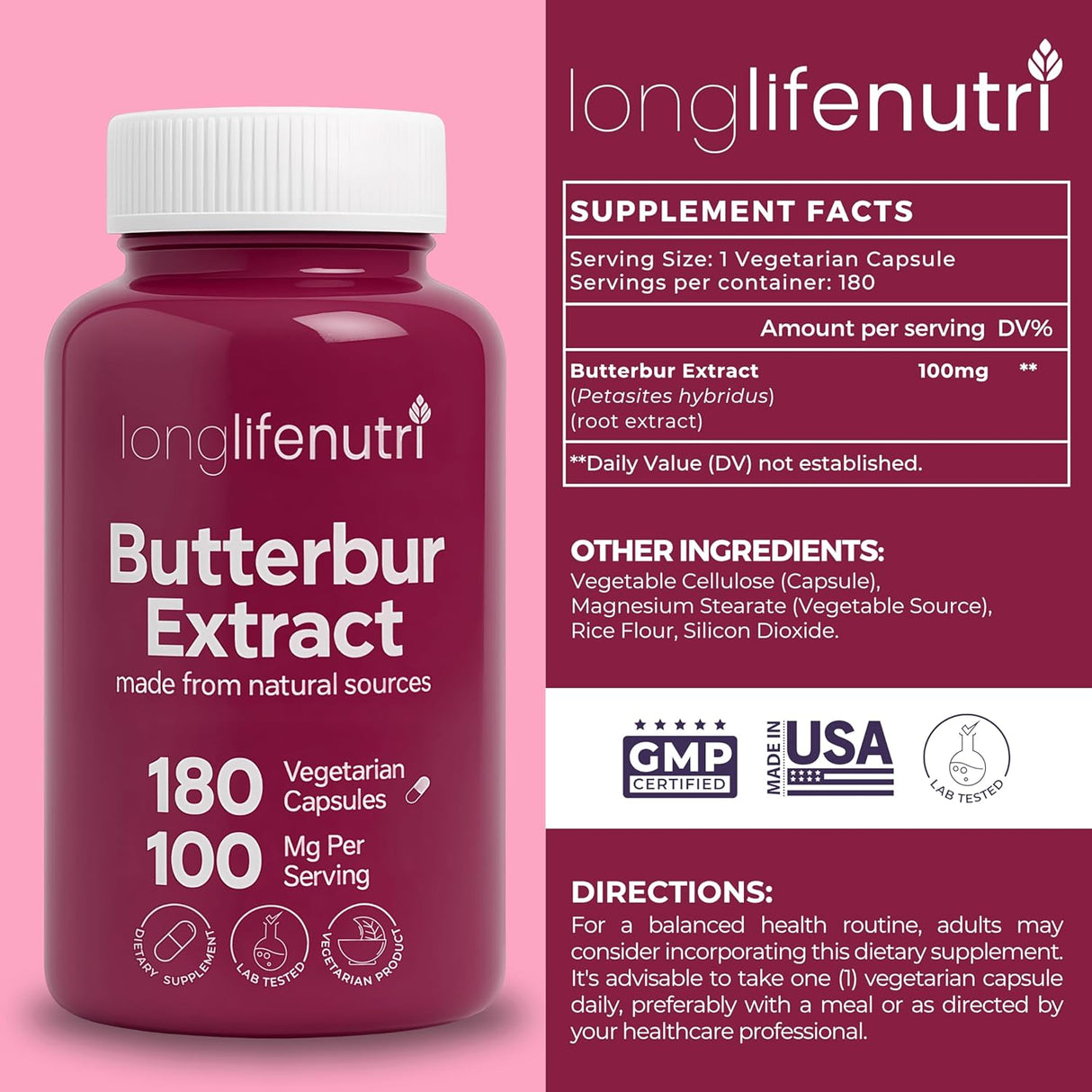 LongLifeNutri Butterbur Extract 100Mg. 180 Capsulas