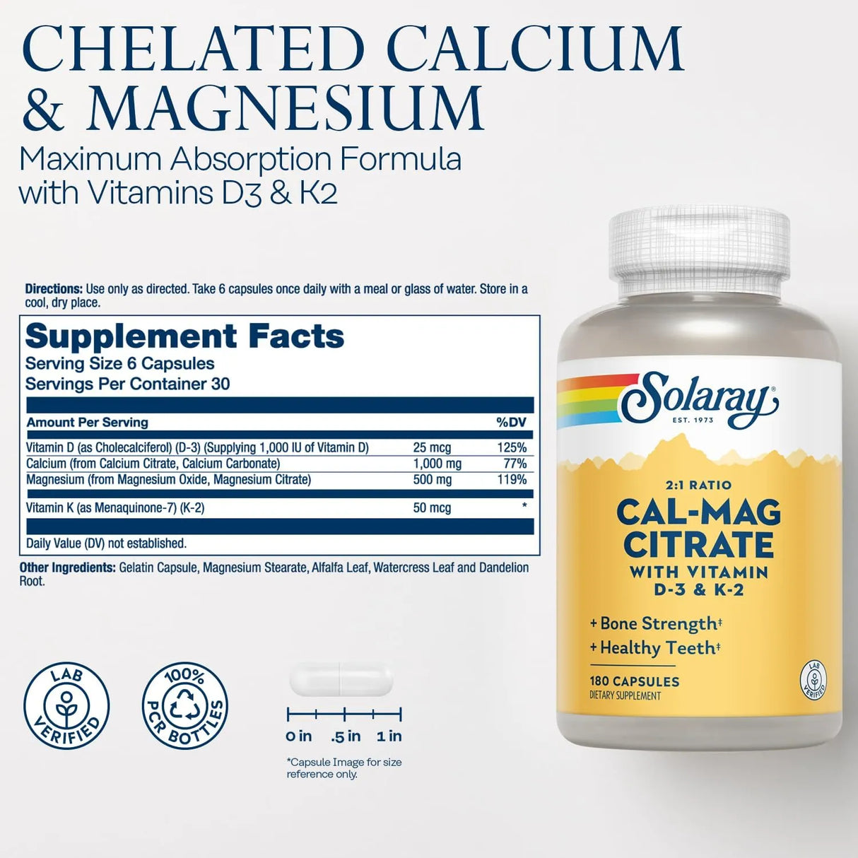 SOLARAY - Solaray Cal-Mag Citrate 2:1 with D-3 & K-2 180 Capsulas - The Red Vitamin MX - Suplementos Alimenticios - {{ shop.shopifyCountryName }}