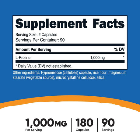 NUTRICOST - Nutricost L-Proline 1000Mg. 180 Capsulas - The Red Vitamin MX - Suplementos Alimenticios - {{ shop.shopifyCountryName }}