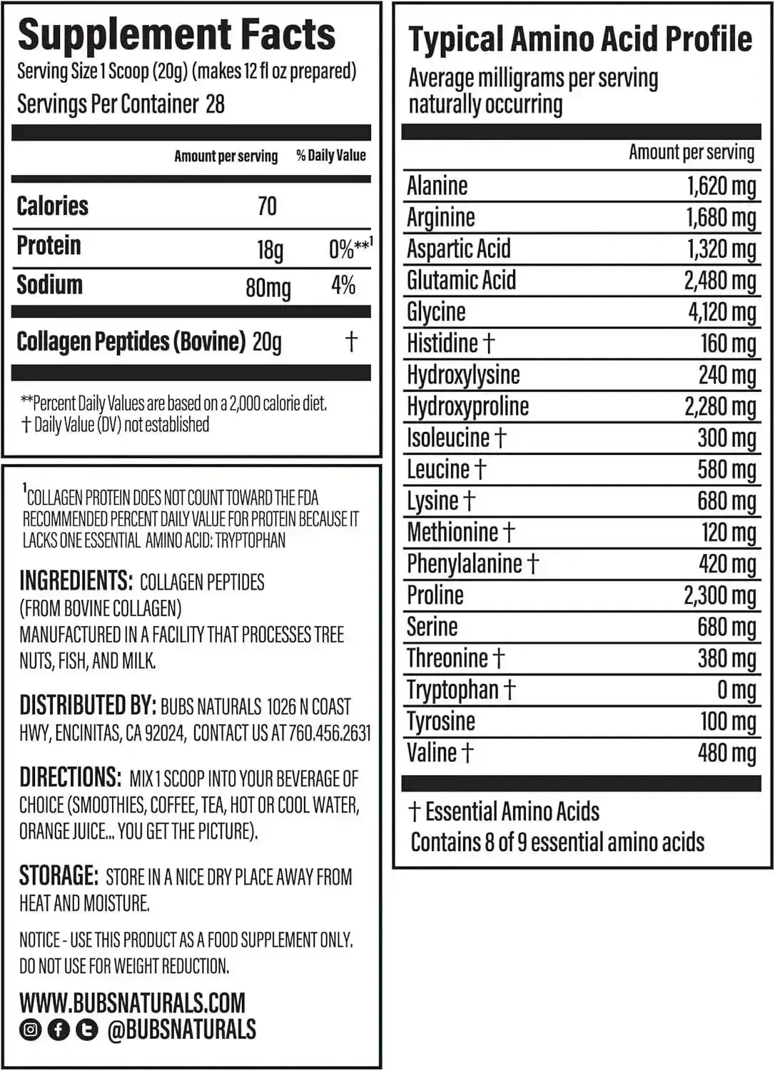 BUBS - BUBS Naturals Unflavored Collagen Peptides Powder 567Gr. - The Red Vitamin MX - Suplementos Alimenticios - {{ shop.shopifyCountryName }}