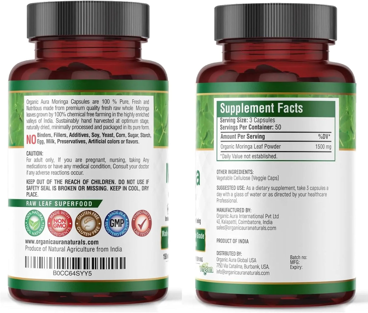 ORGANIC AURA - Organic Aura Moringa Leaf 1500Mg. 150 Capsulas - The Red Vitamin MX - Suplementos Alimenticios - {{ shop.shopifyCountryName }}