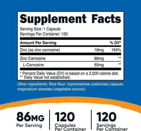 NUTRICOST - Nutricost Zinc Carnosine 86Mg. 120 Capsulas - The Red Vitamin MX - Suplementos Alimenticios - {{ shop.shopifyCountryName }}