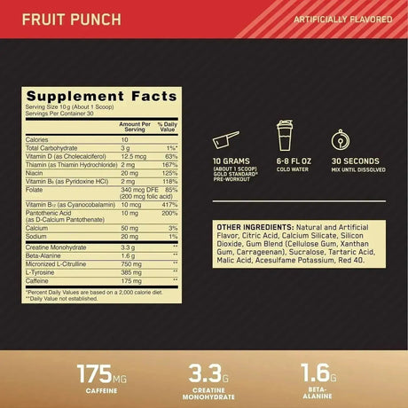 OPTIMUM NUTRITION - Optimum Nutrition Gold Standard Pre-Workout Fruit Punch 30 Servicios 300Gr. - The Red Vitamin MX - Suplementos Alimenticios - {{ shop.shopifyCountryName }}