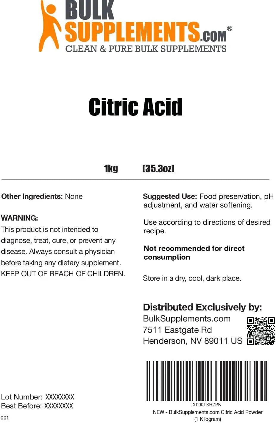 BULK SUPPLEMENTS - Bulk Supplements Citric Acid Powder 1 Kg. - The Red Vitamin MX - Suplementos Alimenticios - {{ shop.shopifyCountryName }}