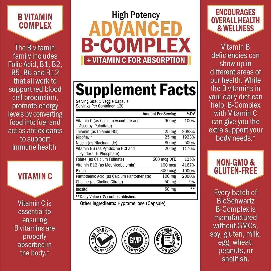BIO SCHWARTZ - BioSchwartz Vitamin B Complex with Vitamin C 120 Capsulas - The Red Vitamin MX - Suplementos Alimenticios - {{ shop.shopifyCountryName }}