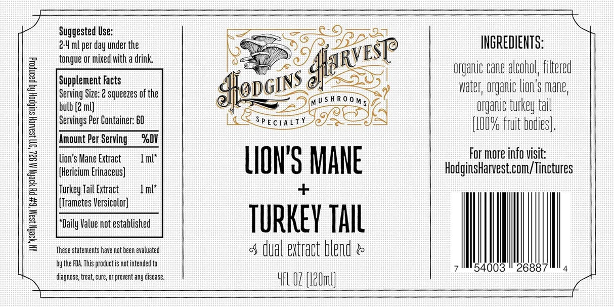 HODGINS HARVEST - Hodgins Harvest Organic Lion’s Mane + Turkey Tail Tincture 4 Fl.Oz. - The Red Vitamin MX - Suplementos Alimenticios - {{ shop.shopifyCountryName }}