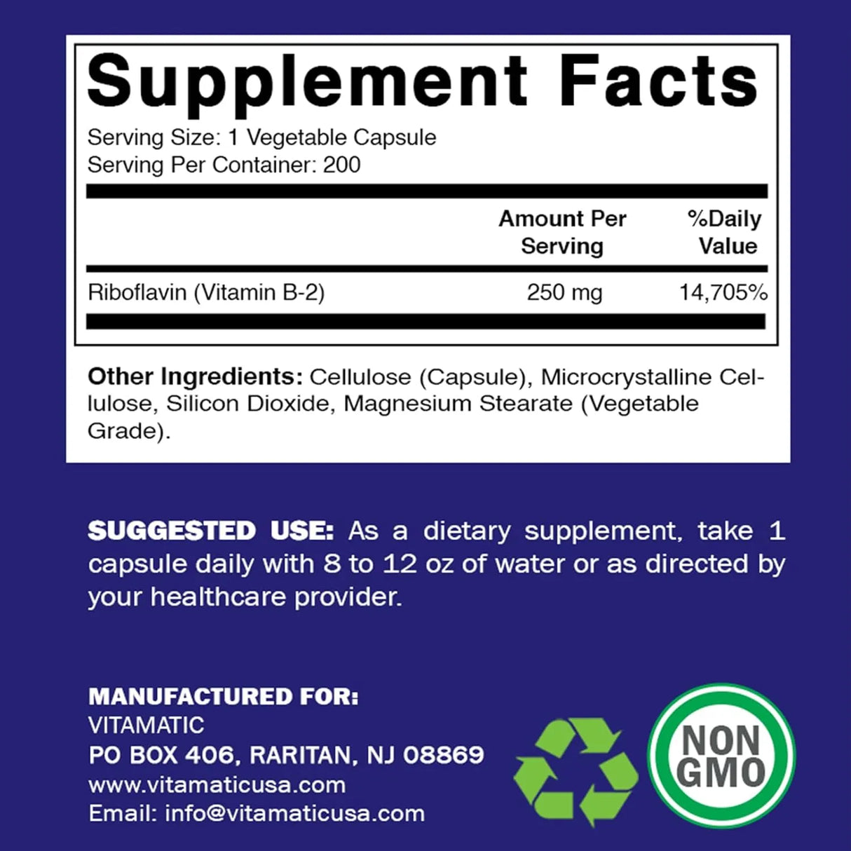 VITAMATIC - Vitamatic Vitamin B2 250Mg. 200 Capsulas - The Red Vitamin MX - Suplementos Alimenticios - {{ shop.shopifyCountryName }}