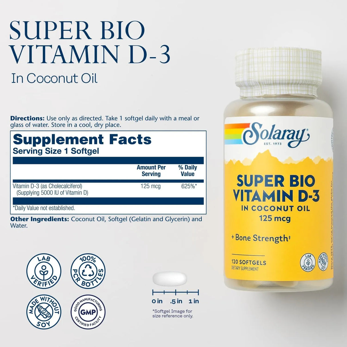 SOLARAY - Solaray Super Bio Vitamin D3 in Coconut Oil 125mcg 120 Capsulas Blandas - The Red Vitamin MX - Suplementos Alimenticios - {{ shop.shopifyCountryName }}